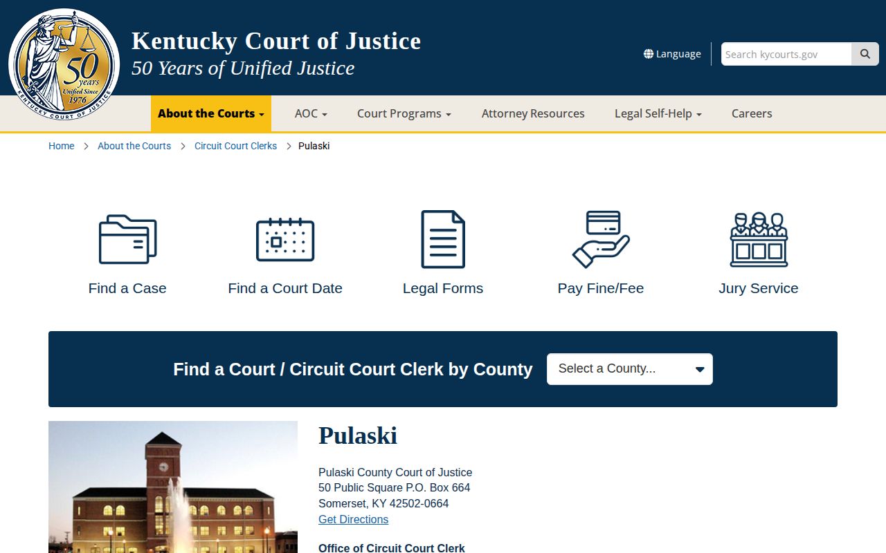 Pulaski County Court of Justice information page